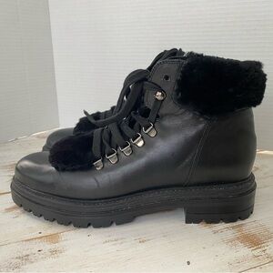 ELENA SOLANO black lace up combat boots Italian shearling fur trim EUR 40 US 8.5